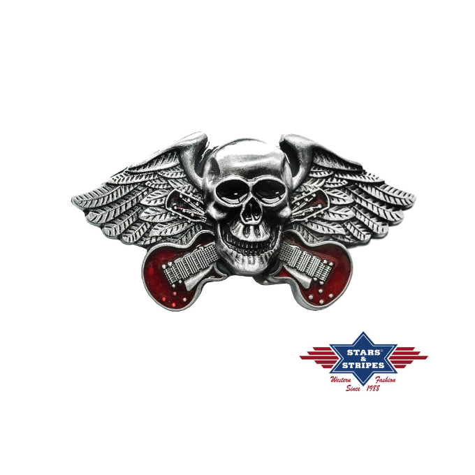 Boucle de ceinture biker tête de mort guitare & ailes Stars&Stripes