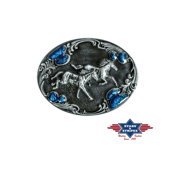 Boucle de ceinture western chevaux & pierres bleues Stars&Stripes